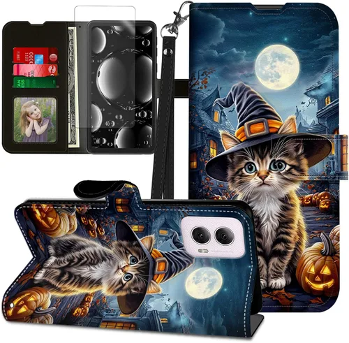 Vista 25 de Funda para Motorola Edge 2022 con protector de pantalla, soporte y tarjetero y correa para la muñeca, funda magnética para Moto Edge 2022 5G UW Lobo