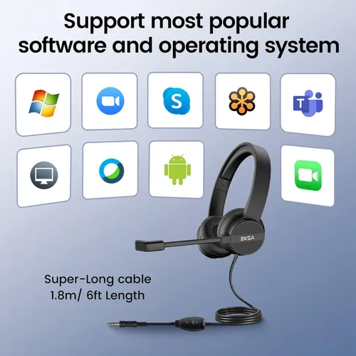 Vista 5 de EKSA Auriculares con micrófono para PC, auriculares de computadora con cable de 0.138 in con controles de volumen y silencio de micrófono