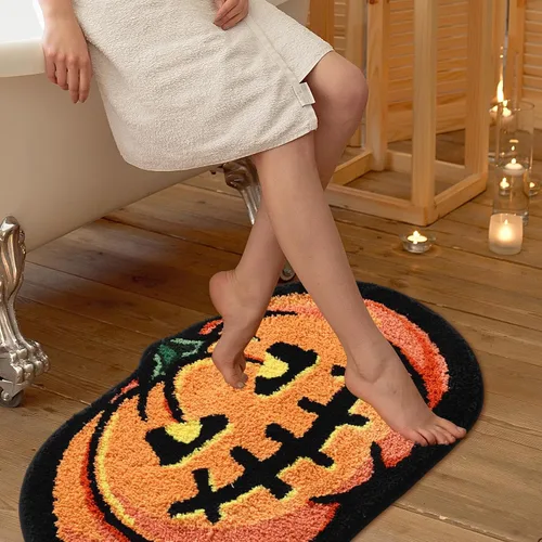 Vista 5 de Alfombra de baño de calabaza de Halloween de 20 x 32 pulgadas, suave y absorbente, alfombra de baño de otoño, antideslizante, lavable, decoración