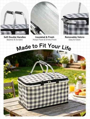 Vista 5 de Cesta de picnic aislada, bolsa enfriadora plegable, cesta de comestibles de 32 litros con tapa, 2 asas resistentes, cesta de almacenamiento