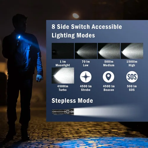 Vista 6 de Linterna recargable Sofirn SR15 de alto lúmen, 4500 lúmenes, linterna de bolsillo súper brillante con base magnética y impermeable IP68, linterna