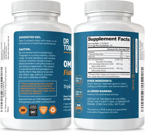 Vista 6 de Dr. Tobias Omega 3 Aceite de Pescado, 2000 mg Fuerza Triple con 800 mg EPA 600 mg DHA Por Porción, Suplementos de Aceite de Pescado Omega 3