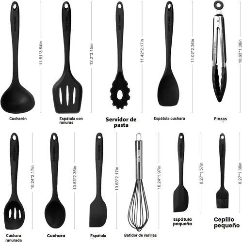 Vista 2 de Juego de utensilios de cocina, 11 utensilios de cocina, utensilios de cocina de silicona coloridos, utensilios de cocina antiadherentes con Negro