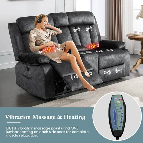 Vista 4 de GUEAPY Sofá reclinable de dos plazas - Sofá reclinable de dos plazas con consola, sofá reclinable doble con calor y masaje, sofá reclinable Gris