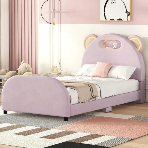 Vista 28 de Cama de plataforma tapizada de tamaño individual con cabecero en forma de oso y rayas de luz incrustadas, bonito marco de cama de plataforma