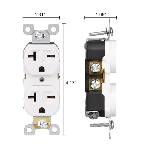 Vista 4 de Toma de pared de hoja recta 20A dúplex tomas de receptáculo eléctrico 2 polos 3 cables, 6-15R toma de corriente 6-20R receptáculo, blanco, paquete