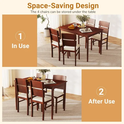 Vista 2 de Giantex Juego de mesa de comedor de 5 piezas para 4, mesa de comedor rectangular de granja con 4 sillas tapizadas, respaldo alto curvo, patas