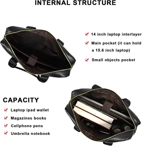 Vista 3 de Maletín de cuero genuino para hombres, bolso de hombro para computadora portátil con correa, bolso de trabajo de viaje de negocios de 15.6 pulgadas