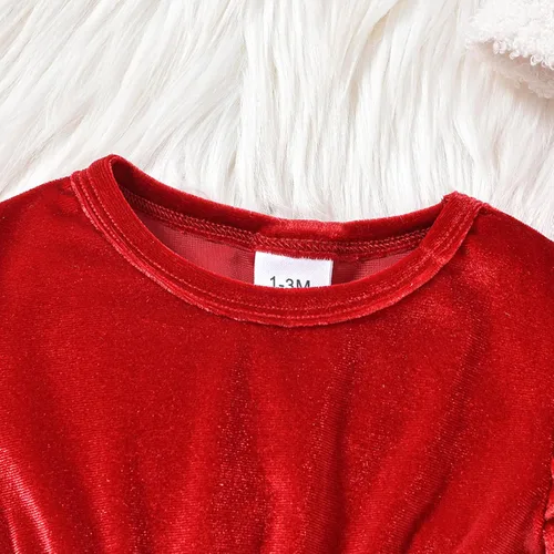 Vista 4 de Mameluco de Navidad para bebé recién nacida, vestido de terciopelo rojo, 2 piezas, ropa de Navidad para bebé Rojo A