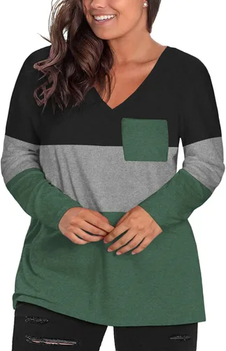 Vista 2 de DOLNINE Camisetas casuales de manga larga con cuello en V para mujer, tallas extragrandes