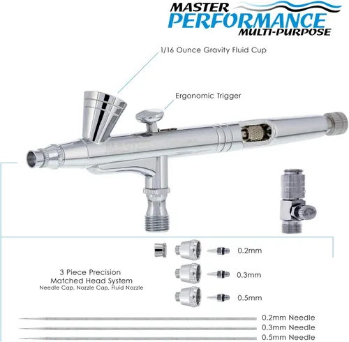 Vista 2 de Master Performance G266 Pro Set Master Airbrush con 3 juegos de boquillas (agujas de 0.2, 0.3 y 0.020 in, puntas de líquido y tapas de aire), mango