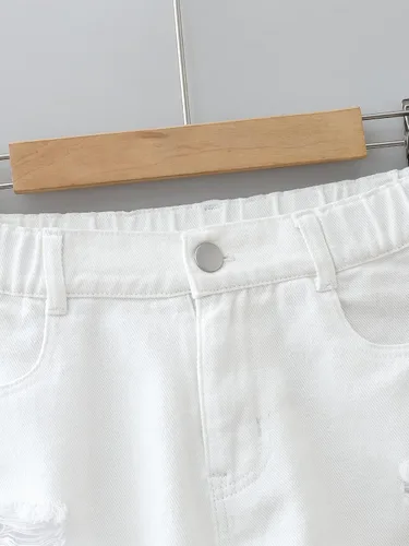 Vista 4 de OYOANGLE Pantalones cortos de mezclilla de pierna recta con dobladillo rasgado y bolsillo para niña