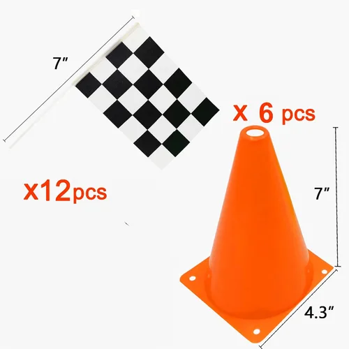 Vista 2 de Paquete de 6 conos de carreras naranjas de 7 pulgadas con agujeros en la parte superior, paquete de 12 banderas a cuadros, decoraciones de fiesta