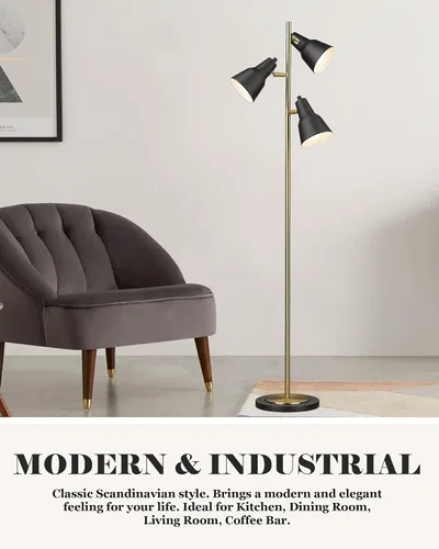 Vista 9 de ELYONA Lámpara de pie con árbol dorado con 3 luces giratorias ajustables, luces de pie industriales de poste alto de metal con 3 bombillas LED
