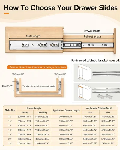 Vista 6 de Gobrico Diapositivas de cajón de 22 pulgadas, cierre suave automático, extensión completa, rodamiento de bolas, guías para gabinete de cocina