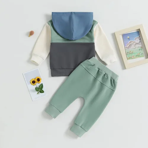 Vista 8 de Ropa de otoño e invierno para bebés, niños y niñas, sudadera con capucha con bloques de color, sudadera con capucha y pantalones elásticos