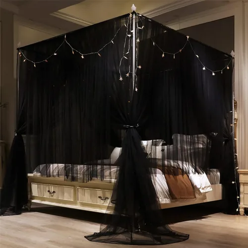 Vista 5 de VETHIN - Dosel de cama de 4 esquinas con diseño de princesa, cortina de cama de doble capa con diseño de red acogedora, mosquitero de 4 aberturas