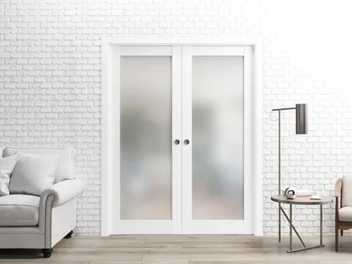 Vista 3 de SARTODOORS Panel de puerta de granero de losa de vidrio esmerilado Lite Planum 2102 seda blanca Puertas modernas con acabado resistente
