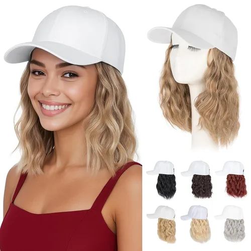 Vista 39 de Hairro Peluca de gorra de béisbol con cabello adjunto, corto estilo Bob ajustable, extensiones de cabello sintético para mujeres, balayage