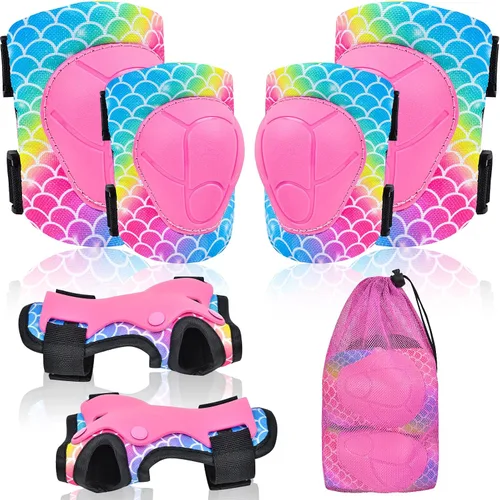 Vista 12 de Rodilleras para niños, juego de equipo de protección ajustable con bolsa de malla, rodilleras y coderas, protector de muñeca para niñas, patines