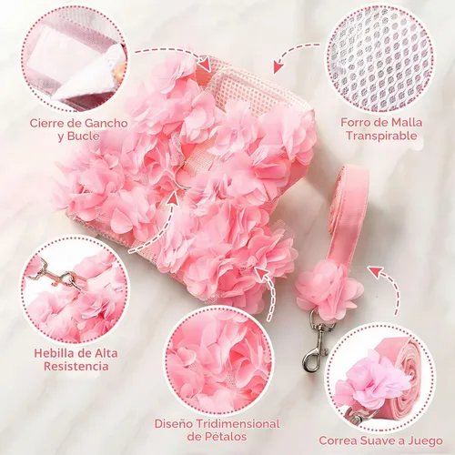 Vista 4 de Lindo arnés y correa para perros pequeños, arnés de encaje rosa floral para cachorros para perros pequeños, gatos, malla suave, chaleco para perro