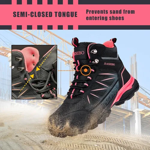 Vista 7 de JIASHIBO Botas de trabajo con punta de acero para mujer, calzado protector multifuncional, antideslizante, resistente a pinchazos, absorción
