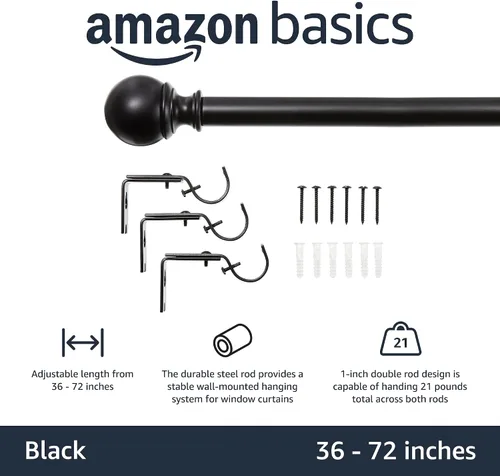 Vista 2 de Amazon Basics - Barras ajustables para cortinas para ventanas, con remates redondos, barra de 1 pulgada, de 36" a 72", color negro, paquete de 1