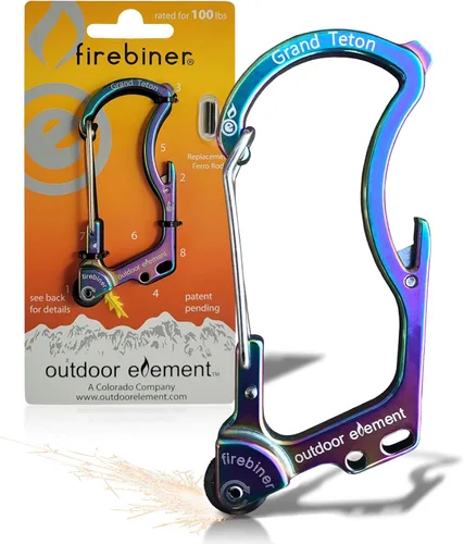 Vista 22 de OUTDOOR ELEMENT Firebiner Custom Engraved 6-in-1 Fire Starter Carabiner Multitool – Survival Gear EDC Keychain with Utility Blade, Bottle Opener