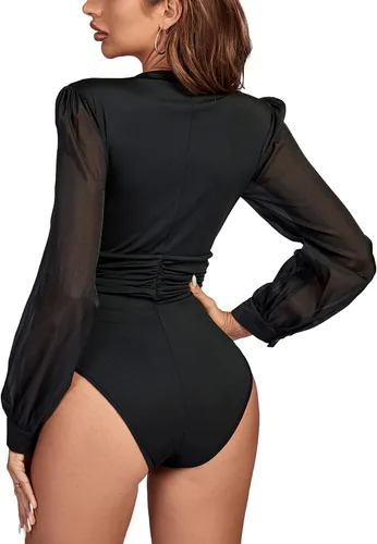 Vista 2 de LYANER Body de manga larga con cuello en V profundo plisado y fruncido para mujer