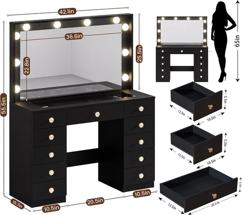 Vista 7 de DINGIPP Tocador de 42.1 pulgadas con espejo grande y 10 luces LED, escritorio de tocador con tope de cristal, 11 cajones con asas de cristal
