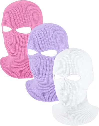 Vista 11 de Blulu Paquete de 3 máscaras de esquí con 2 agujeros, máscaras de invierno tejidas, pasamontañas cálidas y con protección contra el viento para Negro