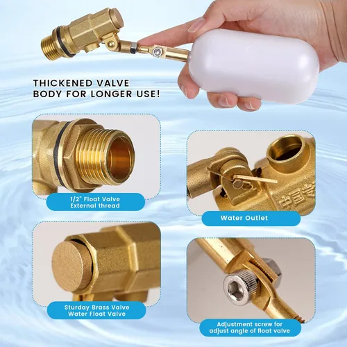 Vista 5 de Válvula de flotador de 1/2 pulgada, válvula de latón con válvula de bola de flotador de agua de plástico con brazo ajustable llenado automático
