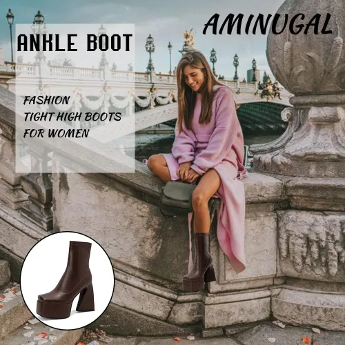 Vista 2 de AMINUGAL Botas triangulares para mujer, con puntera cuadrada, de piel sintética, gruesas, con cremallera, a la moda, para mujer