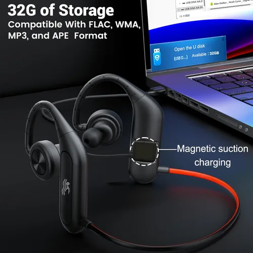 Vista 6 de Auriculares impermeables IP68 con reproductor de MP3 de 32 GB Bluetooth 5.2 auriculares inalámbricos, deportes, gimnasio