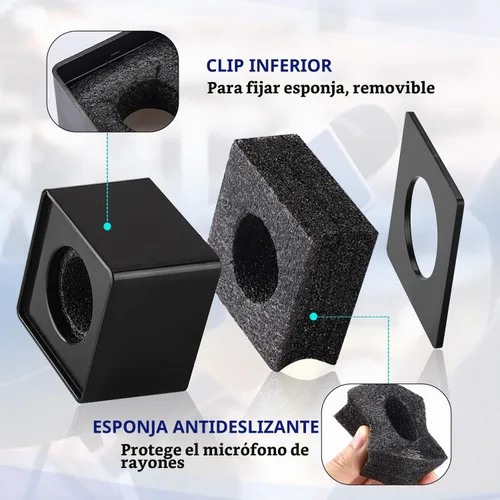 Vista 3 de Facmogu - Cubo de bandera de micrófono para micrófono de entrevista Logotipo personalizado Estación de bandera de micrófono portátil con espuma