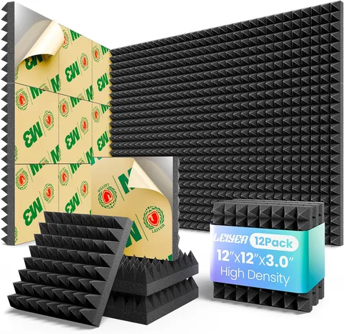 Vista 13 de Paneles acústicos, paquete de 12 paneles autoadhesivos piramidales, paneles de espuma a prueba de sonido de 2 x 12 x 12 pulgadas, para paredes