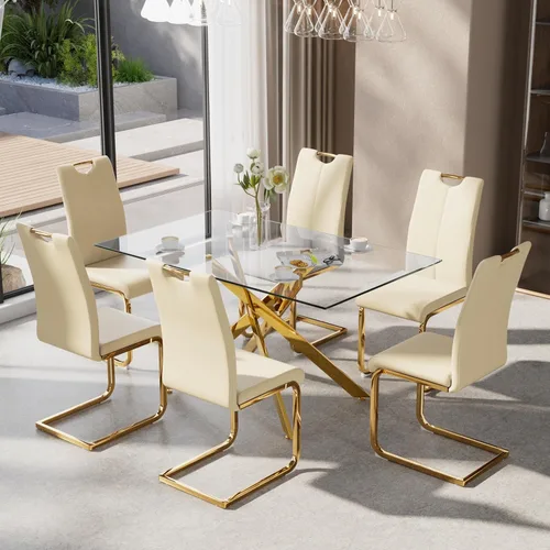 Vista 22 de Juego de mesa de comedor de 5 piezas para 4, mesa rectangular moderna de cristal con 4 sillas tapizadas de cuero, juegos de mesa y sillas de comedor