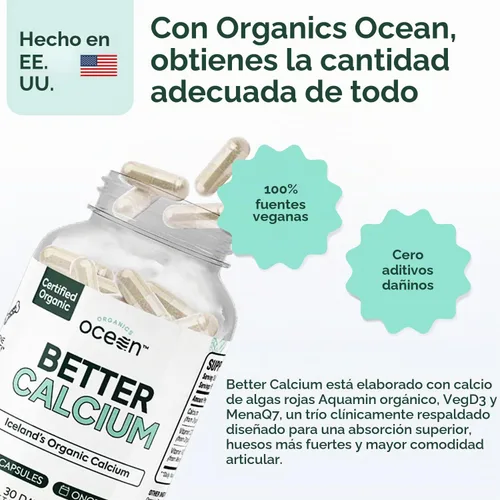 Vista 3 de Organics Ocean Better - Algas rojas de calcio derivadas con D3 y K2, 60 cápsulas
