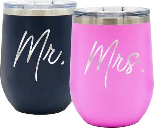Vista 5 de My Personal Memories Mr and Mrs - Juego de 2 vasos térmicos para vino de 12 onzas (negro, blanco)