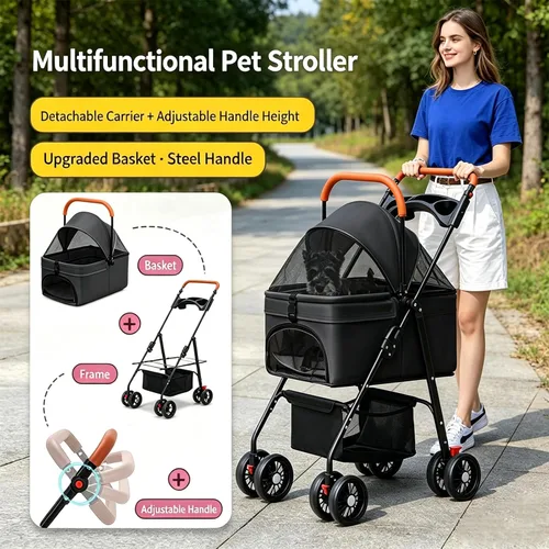 Vista 8 de YYW Cochecito para mascotas para perros y gatos pequeños, 3 en 1 plegable para gatitos, cachorros, carrito de paseo de viaje con portador extraíble