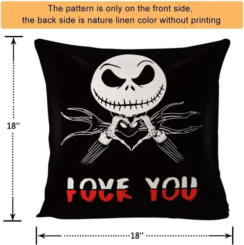 Vista 5 de Funda de almohada Jack Skellington - Decoración de Navidad, Funda de almohada Jack Love You, Funda de almohada de lino y algodón 18 x 18 pulgadas