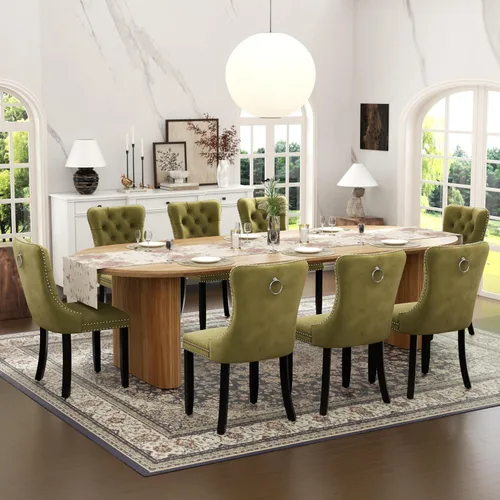 Vista 35 de Juego de mesa de comedor ovalada extensible con 4 sillas tapizadas de terciopelo de alta gama, mesa de cocina de 59 a 91 pulgadas y sillas
