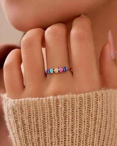 Vista 2 de LOVECOM Anillo giratorio de plata de ley 925 con cuentas esmaltadas coloridas para mujer, anillo giratorio antiansiedad, giratorio, apilable Estilo 1