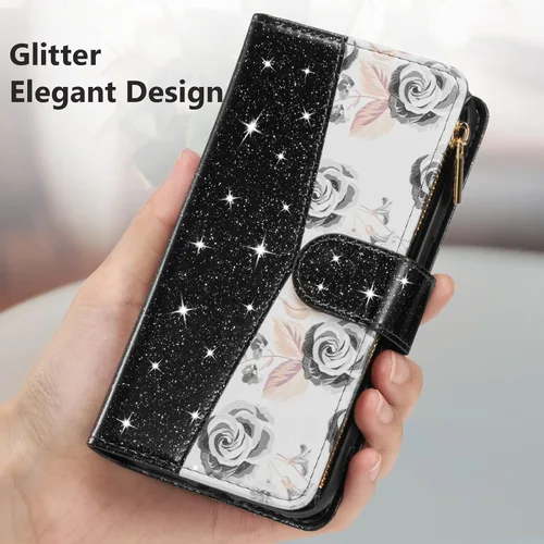 Vista 6 de UEEBAI Funda tipo cartera para Samsung Galaxy S10 Plus, Cartera de piel sintética con cierre magnético, funda de bolsillo con cremallera, ranuras