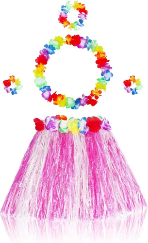 Vista 11 de Fortuning's JDS Falda hawaiana de hierba hula para niña, con flores elásticas a juego, juego de disfraz para fiesta de playa tropical Luau Azul