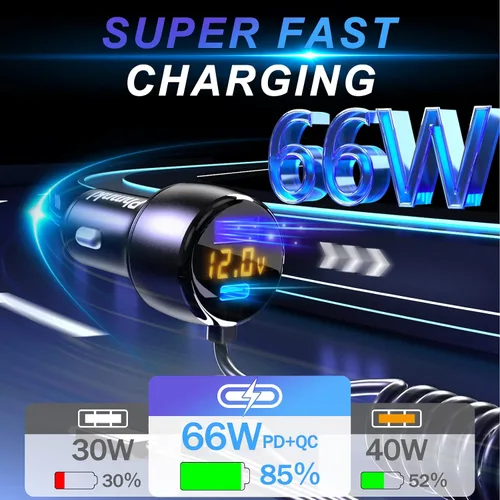 Vista 2 de Phmnkl Cargador de coche de doble puerto de 66 W, 1 unidad - USB C (PD30W) + USB A (QC3.0) - Carga rápida para iPhone 14/13/12, Galaxy S23/22, Pixel