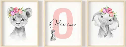 Vista 13 de Juego de arte de pared personalizado de safari para guardería, impresiones de animales de la selva con nombre personalizado, imágenes de decoración