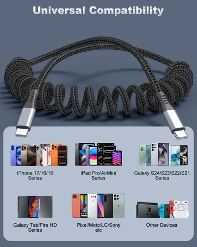 Vista 8 de Cable USB C a USB C, paquete de 2 cables USB C en espiral de 3 pies para automóvil, carga rápida de 60 W, cable de carga de automóvil trenzado USB-C