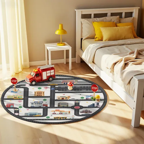 Vista 3 de Alfombra de Juego Redonda de 3.3 pies para Niños con Carreteras de la Ciudad - Alfombra de Lana Sintética Antideslizante con Diseño Interactivo