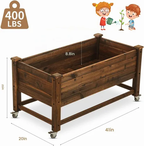 Vista 2 de Notume Cama de jardín elevada de 41 x 21 x 20 pulgadas, maceta de madera elevada móvil con ruedas con cerradura, kit de jardinera elevada de madera